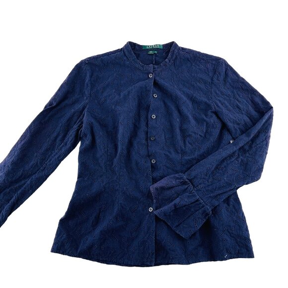 Lauren Ralph Lauren Women's Blouse size 6 Navy Blue Long Sleeves Ruffled Eyelet - Picture 1 of 4
